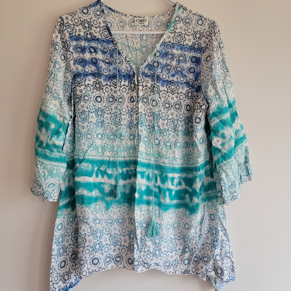 Cato Woman Rayon Boho Tunic Top Floral Tie Dye Hombre Teal Blue White L